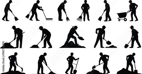 Cleaning and construction workers silhouettes set sweeping raking digging tools wheelbarrow manual labor isolated on white background vector illustration