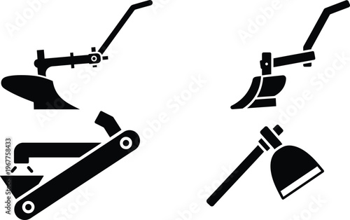 Traditional and modern agricultural plowing and farming tools icons with tractor attachment with hand tool
