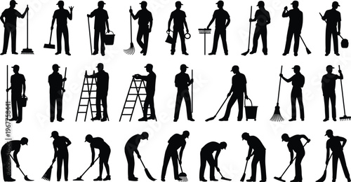 Cleaning and maintenance workers silhouettes set janitor sweeping mopping tools ladder sanitation labor isolated on white background vector illustration