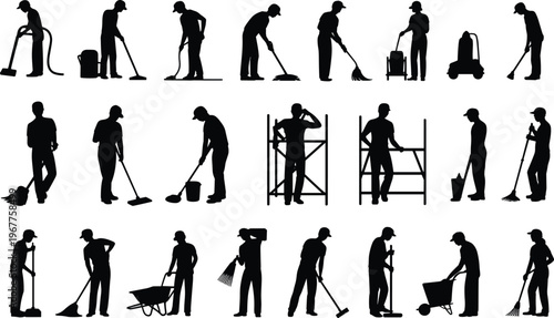 Cleaning and maintenance workers silhouettes set janitor sweeping mopping vacuuming ladder tools sanitation labor isolated on white background vector illustration