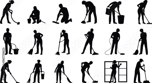 Cleaning workers silhouettes set janitor sweeping mopping vacuuming tools housekeeping sanitation labor isolated on white background vector illustration collection