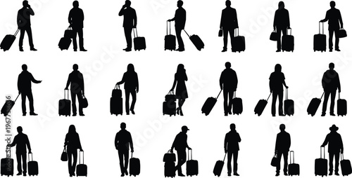 Travelers silhouettes with luggage collection, airport passengers walking with suitcases, tourism journey, business travel, vacation concept, mobility and transportation lifestyle illustration