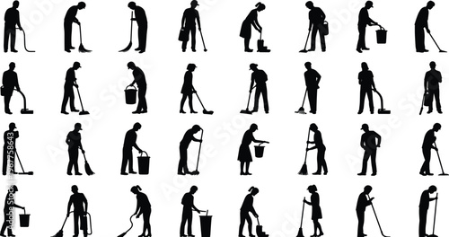 Cleaning workers silhouettes set janitor sweeping mopping vacuuming tools sanitation housekeeping labor isolated on white background vector illustration collection