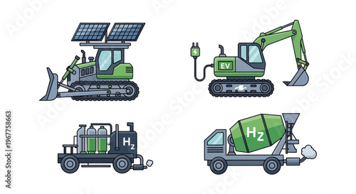 Eco-friendly construction vehicles: bulldozer, excavator, cement mixer, hydrogen fuel truck
