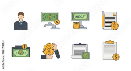 Financial Icons Set: Budgeting, Money, Coins, Business, Documents, and Man