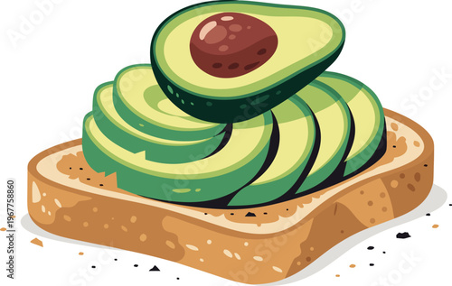 Delicious Avocado Toast Illustration with Fresh Sliced Avocado on Bread Healthy Breakfast Food Design for Organic Diet Cafe Menu and Brunch Concept