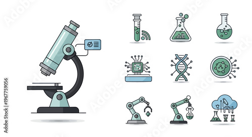 Science Technology Icons: Microscope, DNA, Robotics, Cloud, Microchip, Lab Equipment
