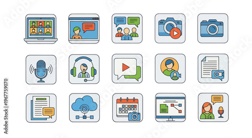 Digital Communication and Media Icons: Video Calls, Chat, Recording, Social Media, & Cloud