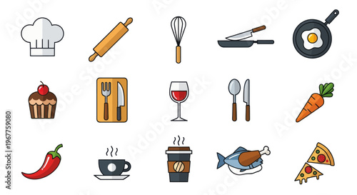 Kitchen Utensils and Food Icons: Chef Hat, Rolling Pin, Whisk, Knife, Pan, Cupcake, Wine