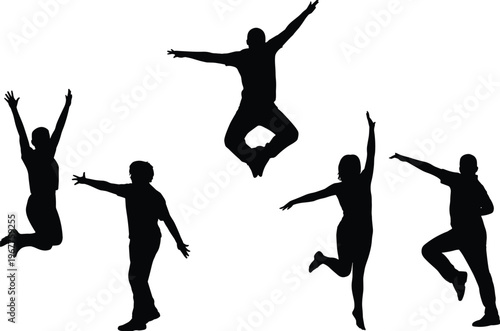 Silhouetted people in energetic jumping poses vector illustration showcasing motion, vitality, posture, activity, lifestyle, celebration, dance, and human design