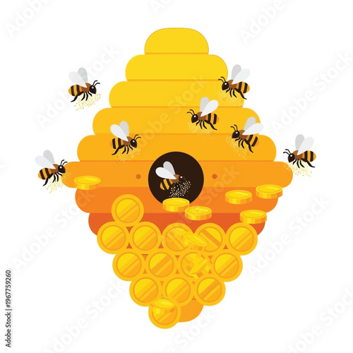 Stylized illustration of bees working diligently in a beehive filled with gold coins, representing wealth accumulation, financial growth, and the rewards of collective hard work