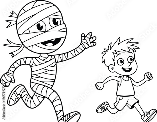 Cartoon mummy and boy running, Halloween costume illustration, black and white vector art, playful characters for kids, spooky fun design