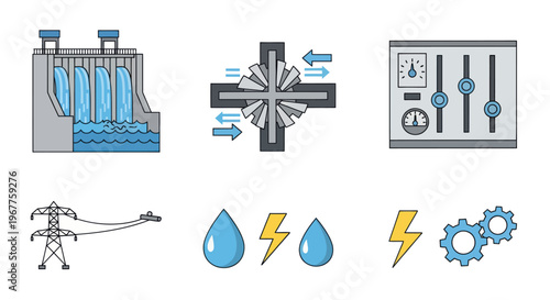 Hydroelectric Power Generation Icons: Dam, Turbine, Control Panel, Power Line, Water, Energy
