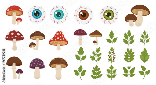 Halloween Mushroom and Eyeball Icons: Spooky Fungi and Creepy Eyes Collection