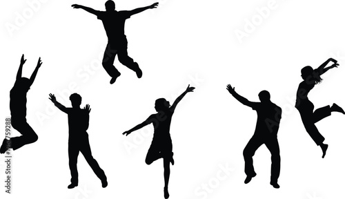 Silhouetted people in dynamic jumping and leaping poses vector illustration showcasing energy, freedom, vitality, lifestyle, celebration, motion, and human design
