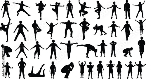 Large collection of children silhouettes in various poses showing play movement and activities kids body positions isolated on white background