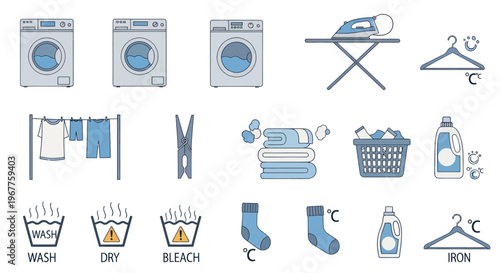 Laundry Icons Set: Washing Machine, Ironing, Drying Clothes, Bleach, Detergent