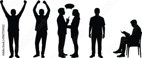 Silhouetted people in expressive poses vector illustration showcasing communication, celebration, study, posture, lifestyle, activity, gesture, and human design