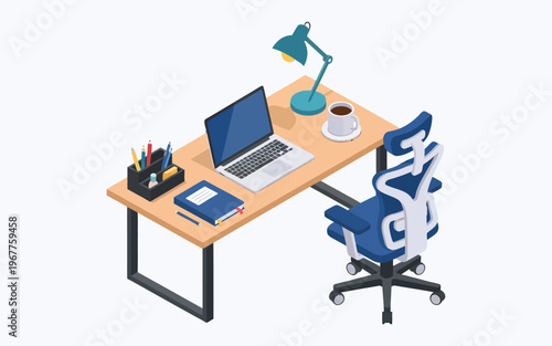 Isometric modern office desk with laptop and ergonomic chair.