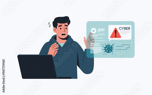 Worried user at laptop sees cybersecurity warning.