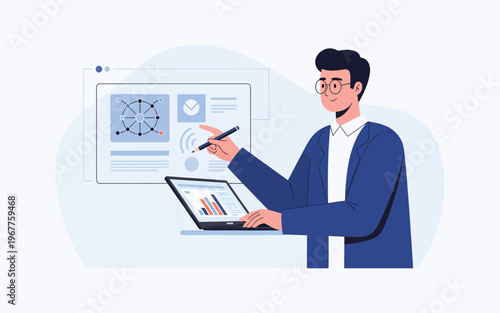 Data analyst presenting charts with laptop illustration.