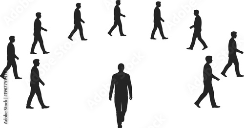 Silhouetted people walking in circular arrangement vector illustration symbolizing unity, teamwork, collective focus, convergence, collaboration, and dynamic human motion design
