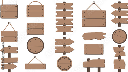 Wooden signboards rustic collection hanging boards arrow direction signs round plaques blank planks vector set isolated background