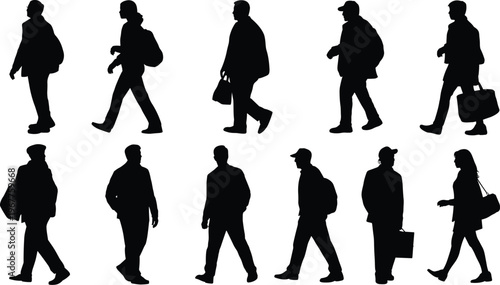 Silhouetted people walking with bags and briefcases vector illustration showcasing posture, lifestyle, urban motion, business activity, travel, and human design