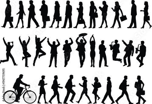 Silhouetted people walking, celebrating, dancing, and cycling vector illustration showcasing lifestyle, posture, motion, urban activity, leisure, and human design