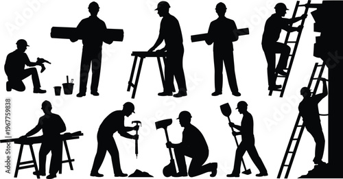 Construction workers silhouettes set carpentry ladder drilling hammer tools builder working manual labor isolated on white background vector illustration