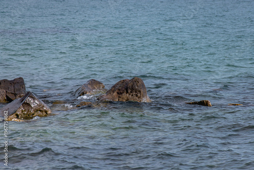 Group of dark wet rocks rising just above the surface of rippling turquoise water, with small waves breaking around the boulders and seaweed visible at the waterline.