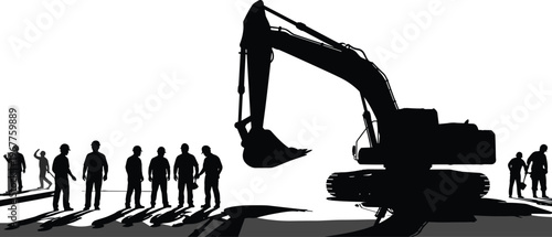 Construction workers silhouettes with excavator machine at building site showing teamwork heavy equipment operation industrial engineering concept isolated on white background