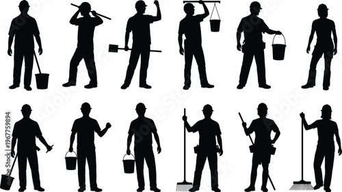 Construction workers silhouettes set carrying bucket tools hammer rake manual labor builder standing isolated on white background vector illustration