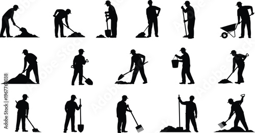 Construction workers silhouettes set digging shoveling raking carrying tools wheelbarrow manual labor isolated on white background vector illustration