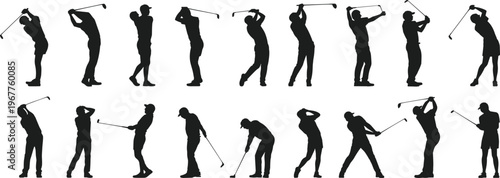 Vector silhouettes of golfer performing swing sequence showing stance, backswing, strike, and follow-through for sports training and athletic illustration design