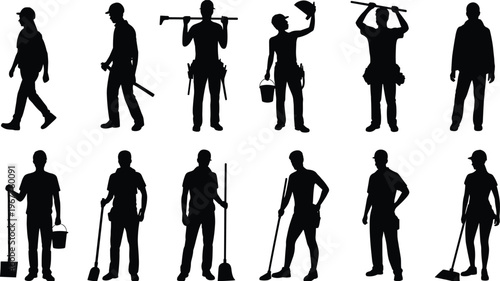 Construction workers silhouettes set various poses tools bucket broom hammer carrying equipment standing isolated on white background vector illustration