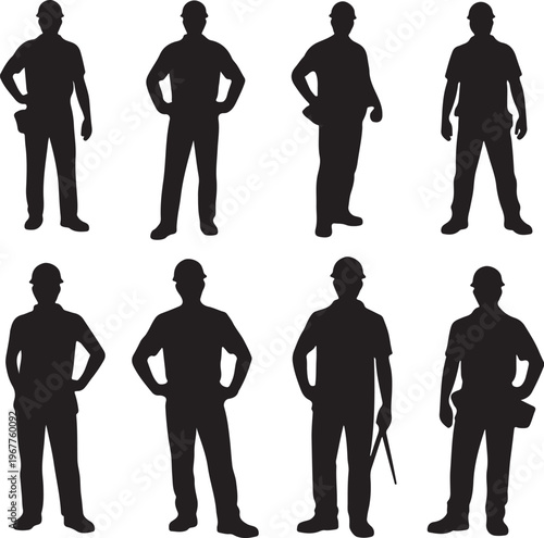 Construction workers silhouettes set standing poses builder uniform tools helmet professional labor isolated on white background vector illustration collection