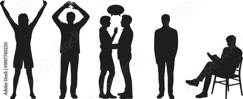 Vector silhouettes of people in expressive poses including gestures, conversation, reading, and contemplation for communication and lifestyle illustration design