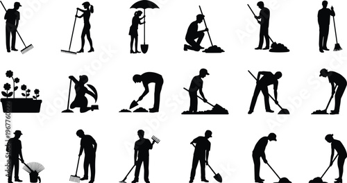 Vector silhouettes of people engaged in gardening activities including planting, watering, digging, raking, and caring for plants in outdoor lifestyle illustration design
