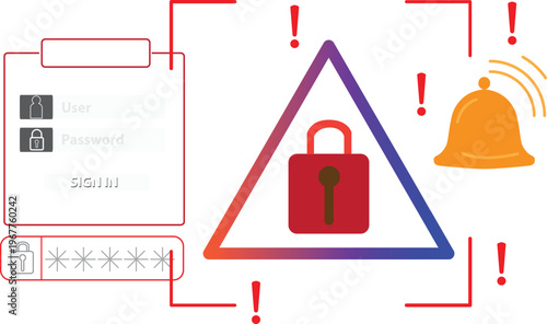 Graphic illustration illustrating privacy warnings and data threat notifications from the security management system.