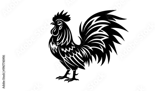 Tribal rooster logo vector with black silhouette ornamental lines and simple flat design isolated on white
