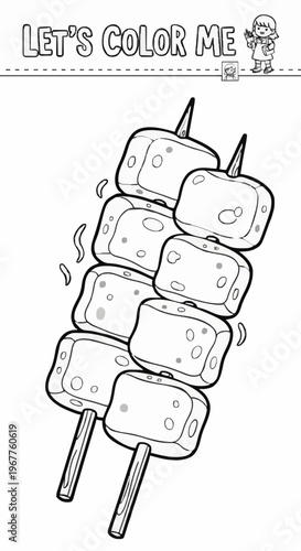 A single-page colouring sheet featuring a main course of meat satay 