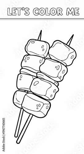 A single-page colouring sheet featuring a main course of meat satay 