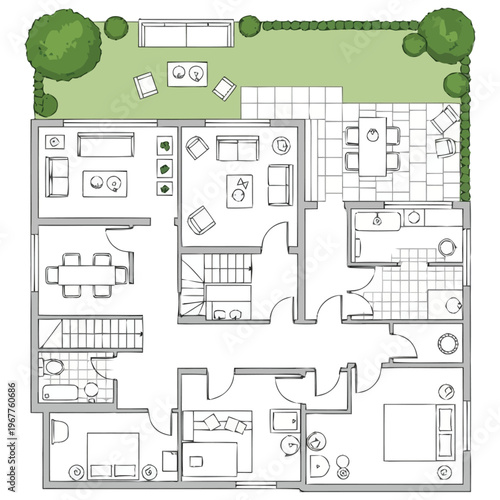 Detailed Architectural Floor Plan Layout Of A Modern Two Story Family House With Interior Room Furniture And Exterior Garden Design For Real Estate