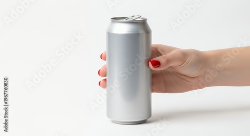 Hand holding a blank silver aluminum can on a white background, ready for branding or product display.