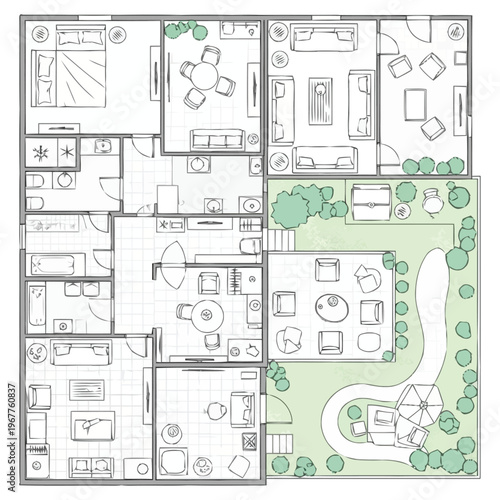 Detailed Architectural Floor Plan Layout Showing Interior Rooms Furniture Arrangement and Exterior Garden Landscape Design furniture icons interior