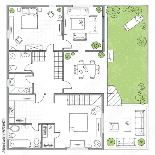 Detailed Two Story House Floor Plan Layout With Furnishings And Yard Elements For Architectural Design Concepts furniture icons interior design