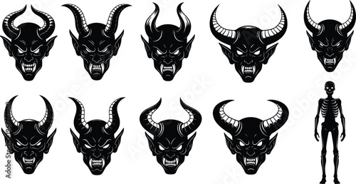 Demonic head silhouette set, horned monster faces, black vector icons, skeleton figure illustration, isolated clipart for horror, fantasy, mythology, design
