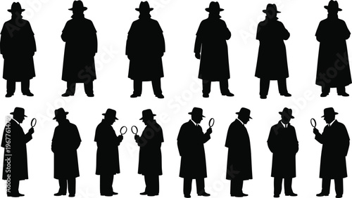 Detective silhouette vector illustration, black and white mystery clipart, trench coat poses, magnifying glass gestures, outlined style, bold, graphic, cinematic