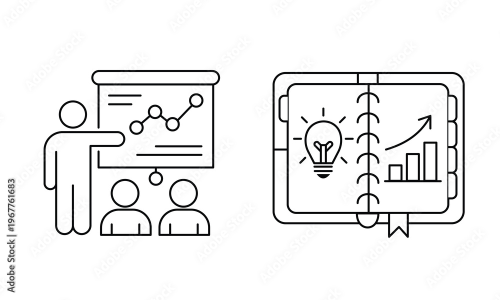 Fototapeta premium Business presentation chart and creative idea notebook with growth graph for planning concept.Editable stroke, Vector illustration, Line art Icon, Symbols.